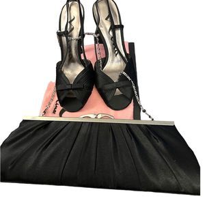NINA Black Fabric Strappy High Heel Slingback Shoes Sandals with Bow